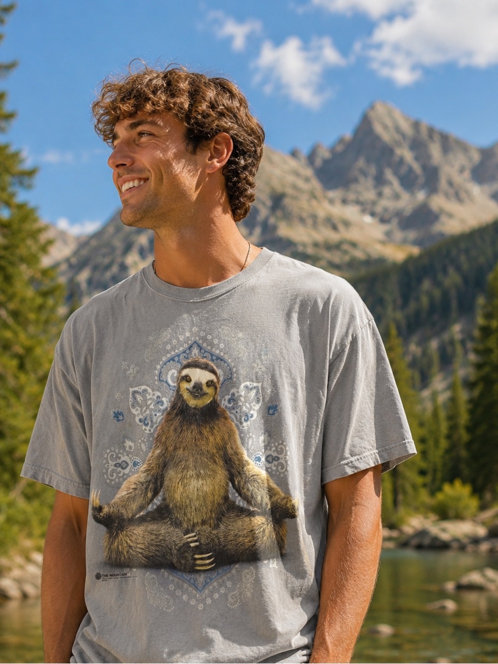 The Mountain Zen Sloth Meditating Yoga Graphic Tee Men’s Large Gray
